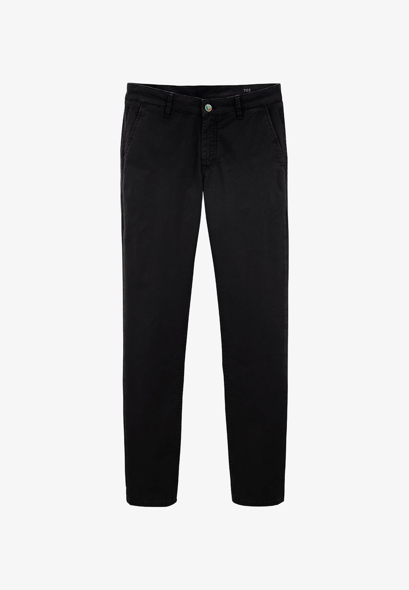 Pantalons en coton noir à coupe slim, dotés d'une fermeture à bouton, de passants de ceinture, de deux poches avant et d'une texture lisse.
