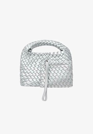 Woven silver bag z okrągłym uchwytem, prostokątnym kształtem i małą przednią kieszenią na zamek. Wykonana z teksturowanej skóry.