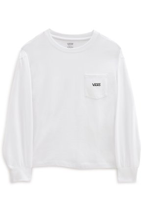 Chemise blanche à manches longues Vans avec une poche poitrine ornée du logo Vans en lettres noires.