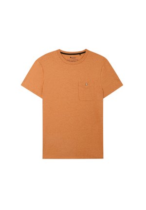 Korte mouwen oranje T-shirt van zacht materiaal, met een linkerkant borstzak met een knoop en een ronde hals.