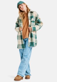 Geruite flanellen jas in groen en crème, met knoopsluiting, gedragen over een bruine trui, gecombineerd met lichtblauwe jeans en bruine schoenen.