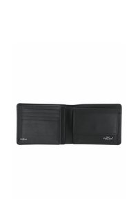 Portefeuille noir en cuir bifold ouvert, montrant six emplacements pour cartes à gauche et une poche à monnaie avec rabat à droite, marqué "Golden Head Germany" et protégé contre les RFID.