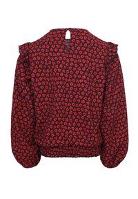 Rode bloemenblouse met zwarte achtergrond, voorzien van geschulpte pofmouwen, een gefronste halslijn en een keyhole-sluiting aan de achterkant.