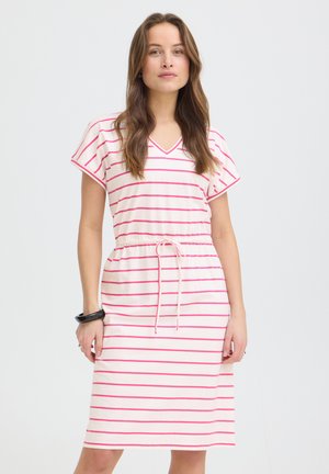 Naine seisab, kandes valget põlveni ulatuvat kleiti roosade horisontaaljoontega ja paelaga vöökohal, ühevärvilise heleda tausta ees.