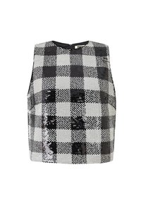Zwart-wit geruit mouwloos topje van geborduurd stof met pailletten, met een ronde halslijn en een ritssluiting aan de achterkant.