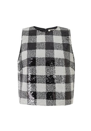 Haut sans manches à carreaux noir et blanc en tissu pailleté, doté d'un col rond et d'une fermeture éclair au dos.