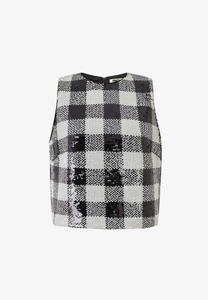Zwart-wit geruit mouwloos topje van geborduurd stof met pailletten, met een ronde halslijn en een ritssluiting aan de achterkant.