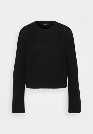 Sort strikket sweater med rund halsudskæring og lange ærmer. Har et struktureret mønster og en cropped design.