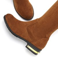 Braune Wildleder-Stiefel in Kniehöhe mit leicht spitz zulaufender Zehenpartie, schwarzer Gummisohle und metallisch goldener Akzent in der Nähe der Ferse. Strukturiertes Finish.