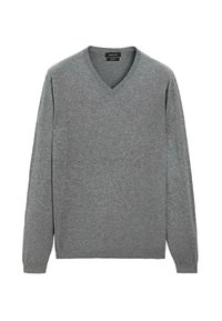Maglione grigio a collo a V con maniche lunghe, realizzato in materiale morbido. Presenta un collo a coste e una vestibilità morbida. Nessun motivo o decorazione visibile.