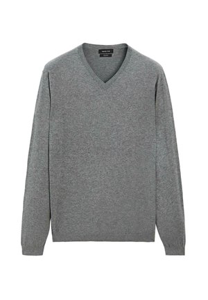 Grauer V-Ausschnitt-Pullover mit langenÄrmeln, aus weichem Material. Verfügt über einen gerippten Ausschnitt und eine lockere Passform. Keine sichtbaren Muster oder Akzente.