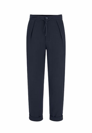 Granatowe spodnie z elastycznym pasem, z przodu fałdy i podwiniętymi mankietami. Wykonane z gładkiego, lekkiego materiału.