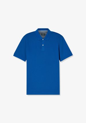 Blaues Poloshirt aus glattem Stoff, mit Kragen, Knopfleiste mit drei Knöpfen und kurzen Ärmeln. Schlichtes und einfarbiges Design.