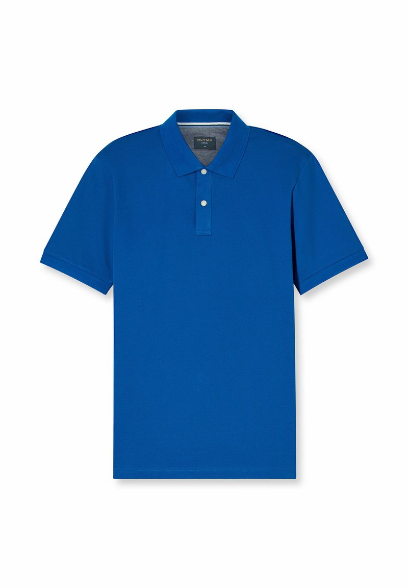 Blauwe polo shirt gemaakt van gladde stof, met een kraag, een drieknoopsluiting en korte mouwen. Eenvoudig en effen ontwerp.