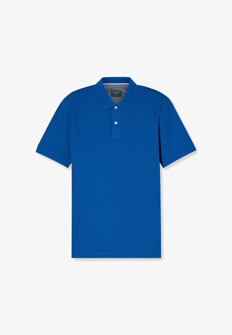Blauwe polo shirt gemaakt van gladde stof, met een kraag, een drieknoopsluiting en korte mouwen. Eenvoudig en effen ontwerp.