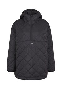Black quilted pullover jacket with front zipper extending from chest to neck and attached hood, long sleeves, and elastic cuffs.
