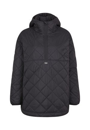 Veste noire matelassée à enfiler avec fermeture éclair sur le devant allant de la poitrine jusqu'au cou et capuche intégrée, manches longues et poignets élastiques.