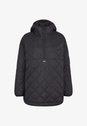 Veste noire matelassée à enfiler avec fermeture éclair sur le devant allant de la poitrine jusqu'au cou et capuche intégrée, manches longues et poignets élastiques.