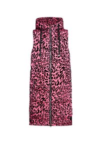 Vesta puffer fără mâneci cu imprimeu leopard roz, guler înalt, fermoar frontal și accente negre. Dispune de două buzunare laterale și o textură matlasată.