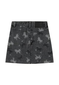 Denimkjol i mörkgrått med ett mönster av enhörningar i nyanser av svart och grått, med ett elastiskt midjeband och en logotagg på baksidan.