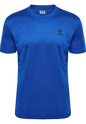 Blue short-sleeve athletic t-shirt made of moisture-wicking fabric. Features a round neck and a small black logo on the left chest.