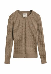 Brauner Strickcardigan mit rundem Ausschnitt, Knopfverschluss und gesticktem Logo auf der linken Brust. Weicher Stoff und gerippte Ärmelbündchen.