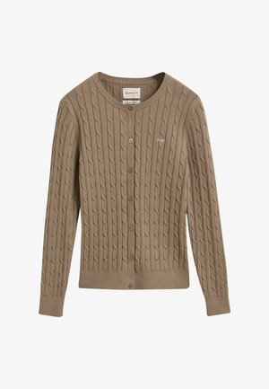 Cardigan lavorato a maglia marrone con scollatura rotonda, chiusura a bottoni e logo ricamato sul lato sinistro del petto. Tessuto morbido e polsini a costine.