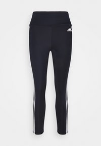 Marinblå sportleggings med bred midjeband, tre vita ränder längs sidorna och en slät, elastisk tygstruktur.