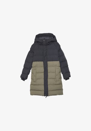 Padded long coat with a hood, featuring a two-tone design in black and olive green, textured panels, and two front pockets.