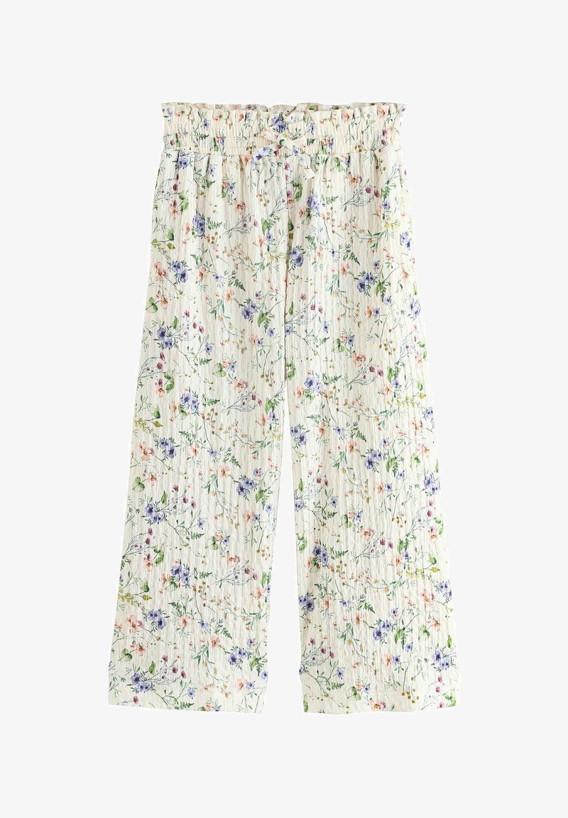 Light cream wide-leg pants with a smocked waistband and a drawstring, featuring a small floral pattern in pastel colors.