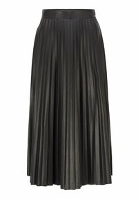 Gonna in pelle nera plissettata con vita alta, caratterizzata da pieghe verticali e una texture liscia. La lunghezza arriva a metà polpaccio.