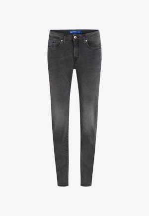 Slim-fit black jeans made of denim, featuring five-pocket styling, a button and zipper fly, and light fading on the fabric.