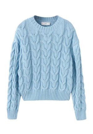 Pull bleu clair en tricot torsadé avec manches longues et poignets, ourlet et encolure ronde côtelés.