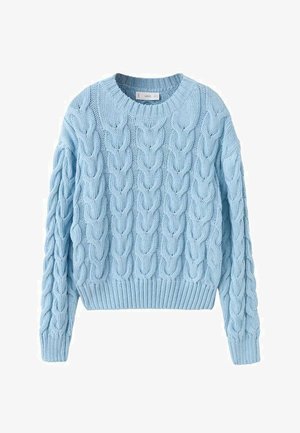 Pull bleu clair en tricot torsadé avec manches longues et poignets, ourlet et encolure ronde côtelés.