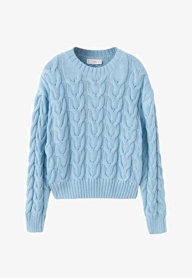 Svetlo modra pulover iz pletenine z dolgimi rokavi ter rebrastimi manšetami, spodnjim robom in izrezom okrog vratu.