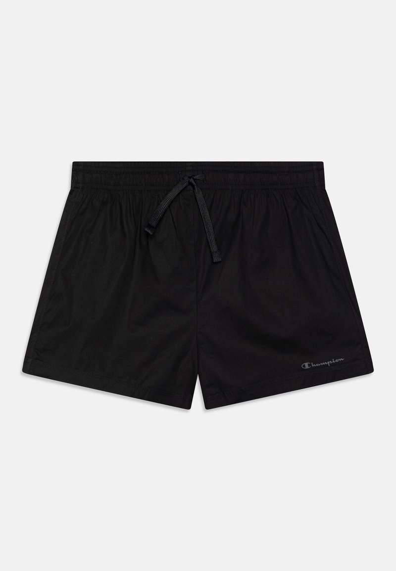 Short de bain noir avec taille élastique et cordon, avec un petit logo Champion sur la jambe droite inférieure.