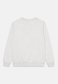 Sudadera gris claro con cuello redondo, mangas largas y puños acanalados. Textura suave con un diseño minimalista, color sólido en todo.