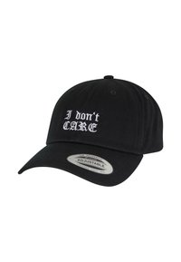 Căciulă neagră cu visieră curbată, cu text brodat alb "Nu-mi PASĂ." Curea ajustabilă în spate, fabricată din material textil.