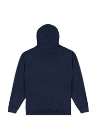 Granatowy hoodie wykonany z mieszanki bawełny, z kapturem na sznurki, długimi rękawami oraz ściągaczami o gładkiej fakturze.