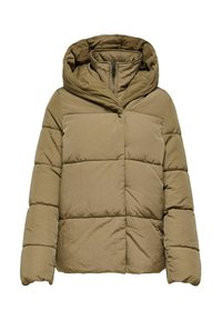 Khaki zateplená bunda s kapucí, s předním zipem, prošívanou texturou a velkými obdélníkovými panely pro izolaci a teplo.