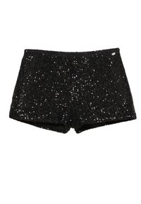 Crne šljokičaste kratke hlače s elastičnom talijom. Tkanina je teksturirana uz sjajne šljokice raspoređene ravnomjerno po površini.