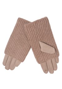 Ein Paar beiger Wollhandschuhe mit Strickdesign, die Wildlederfinger und ein Wildlederpatch an der äußeren Handgelenksseite haben, flach gegen einen weißen Hintergrund ausgestellt.