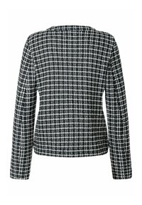 Schwarz-weiß karierter Blazer mit gewebter Textur, langen Ärmeln und gerader Rückseite. Keine sichtbaren Verschlüsse oder Taschen.