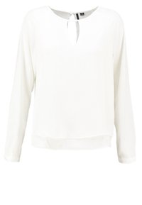 Weiße Langarmbluse aus leichtem Stoff, mit rundem Ausschnitt und Schlitzdetail, legerer Schnitt und leicht geschwungenem Saum.