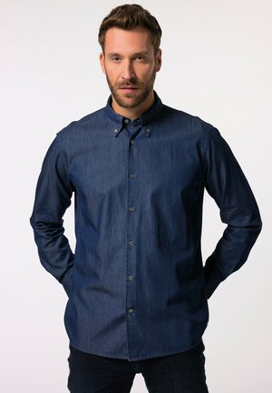 Dunkelblaue Denim-Hemd mit Button-Down-Kragen, langen Ärmeln und Frontknopfverschluss. Glatte Textur mit tailliertem Design.