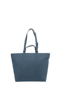 Borsa tote in pelle blu con texture, dotata di due manici lunghi e uno corto, forma rettangolare e minimal branding frontale.
