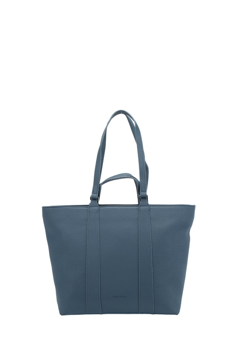 Borsa tote in pelle blu con texture, dotata di due manici lunghi e uno corto, forma rettangolare e minimal branding frontale.