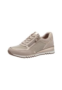 Scarpa da ginnastica beige con un pannello in tessuto testurizzato, dettagli metallici, chiusura con lacci e zip laterale. Presenta una suola in gomma con motivo a zigzag.