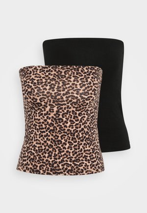 Two strapless tops: one is black, the other has a leopard print pattern. Both have a smooth texture and a fitted design.