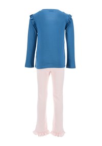 Blue long-sleeve top with ruffled shoulder accents, paired with pink flared pants featuring a ruffled hem. Soft cotton material.